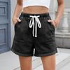 Women's Fashion Solid Color Pocket Curled Edge Elastic Waist Strap Casual Denim Shorts