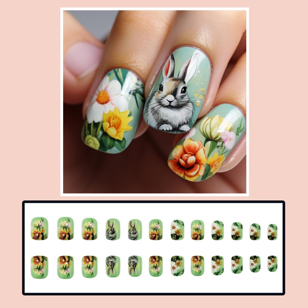 Easter Theme Green Square Fake Nails Reusable Long Lasting Press On Nails for Working Dating or Partying
