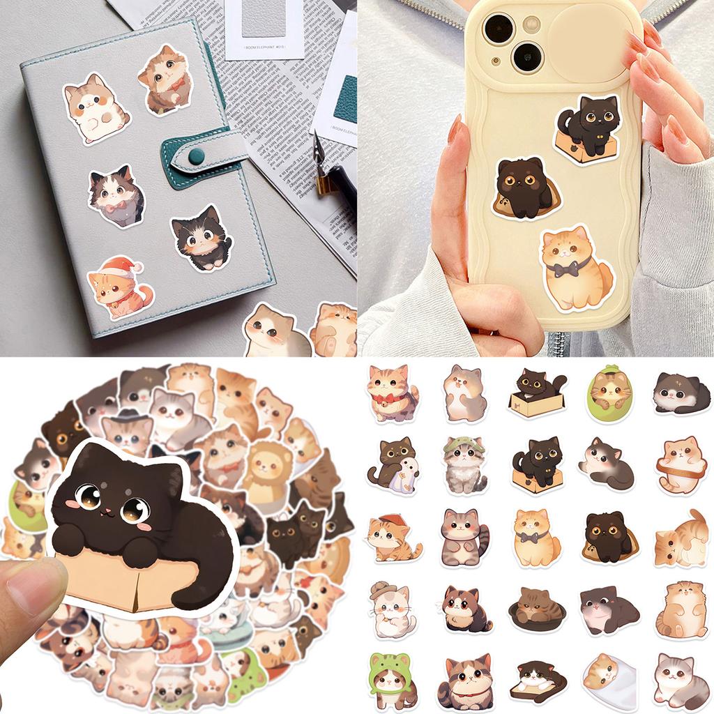 50Pcs Cartoon Cats Sticker Water Resistant Aesthetic Sticker for Water Bottle Scrapbook Journal Laptop Guitar Luggage