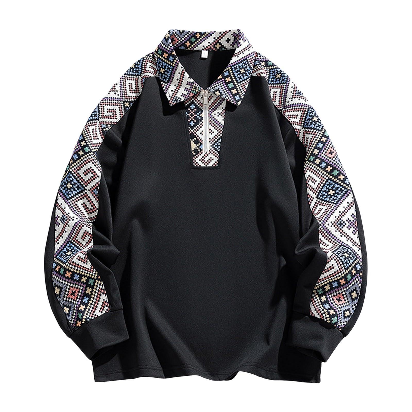 

Мужские рубашки Винтажная этническая рубашка с графическим принтом Повседневная рубашка с длинным рукавом и молнией до четверти Джинсовая рубашка в стиле пэчворк XXXL чёрный