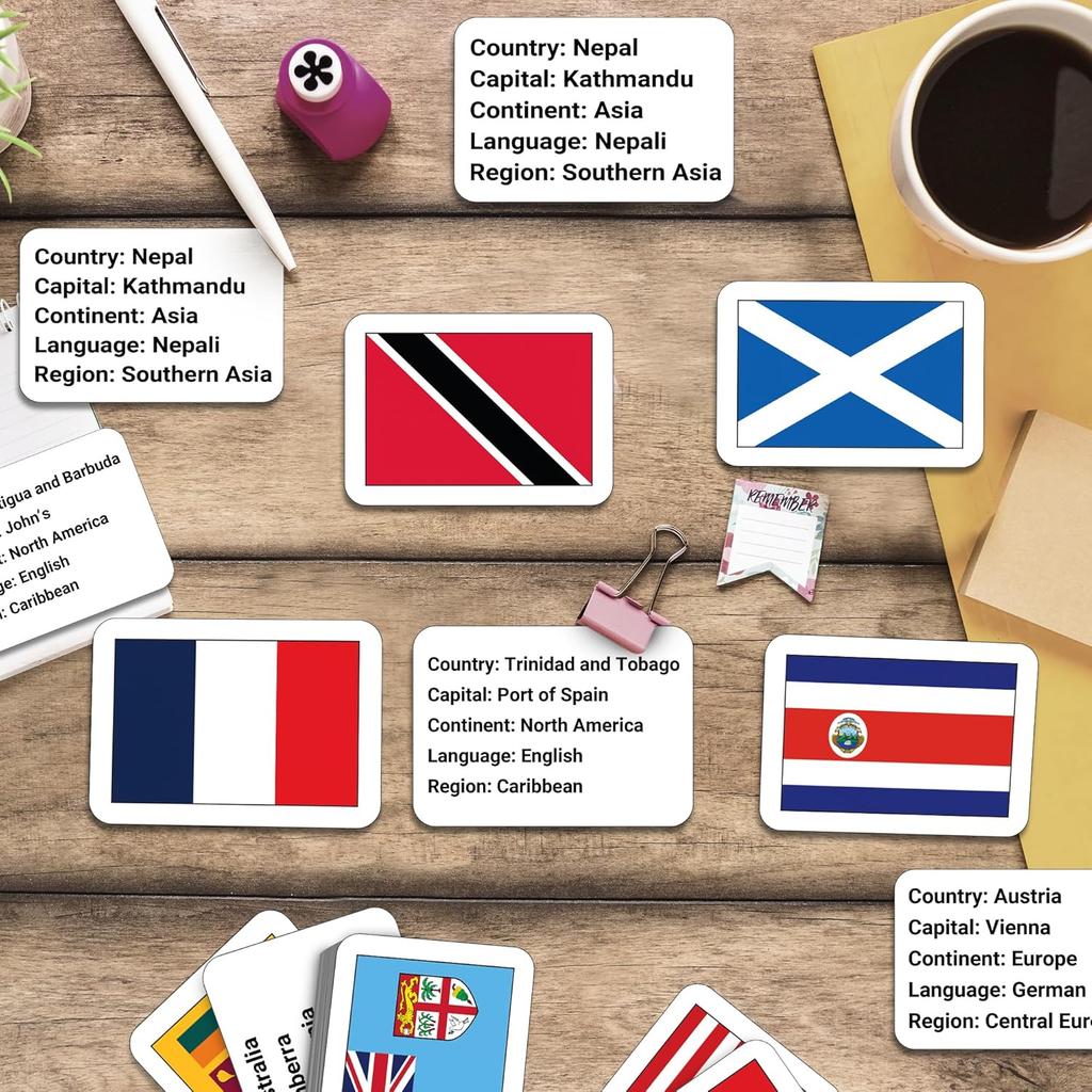World Flags Flashcards 64 Country Flags Capitals Languages & Continents Gloss Laminated Students Geography Flash Cards