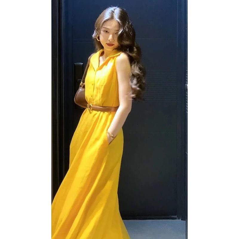 Summer French Niche Yellow Lapel Sleeveless Shirt Yellow Dress Fashion Temperament Waist Dress