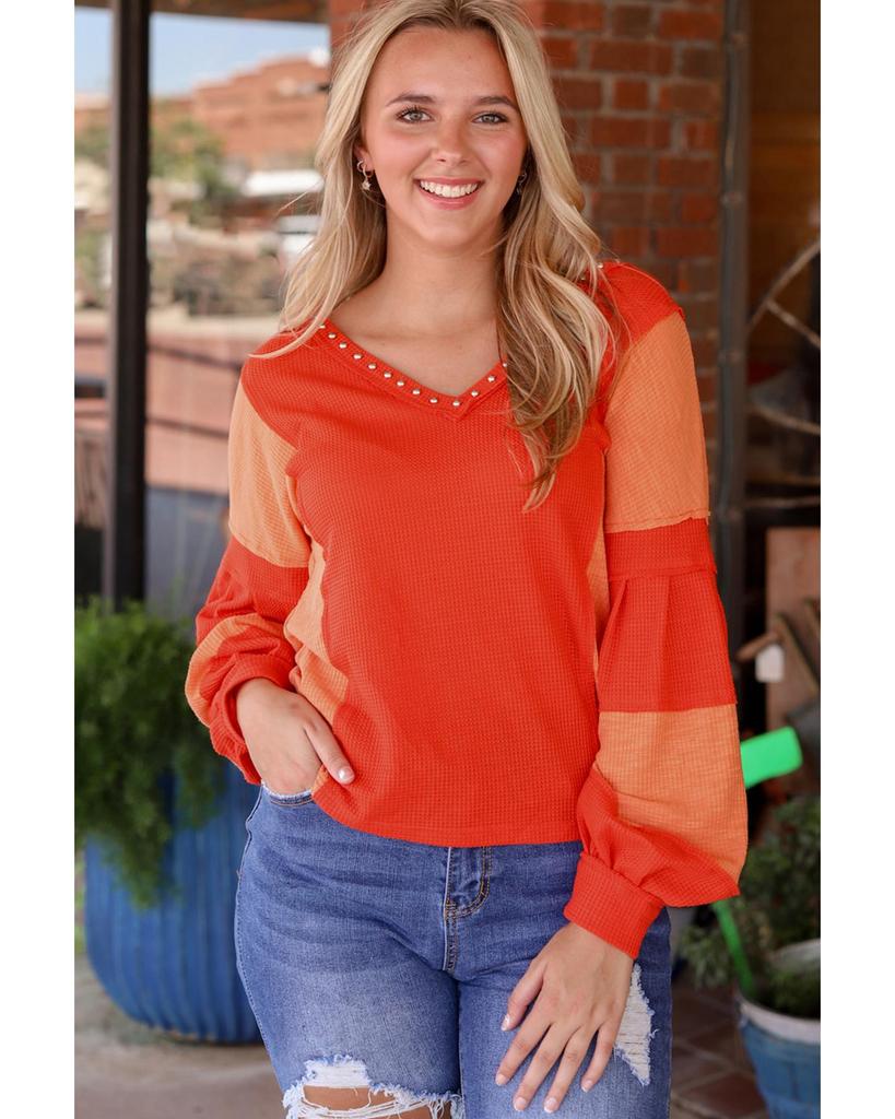 Azura Exchange Red Studded V Neckline Exposed Seam Textured Knit Top