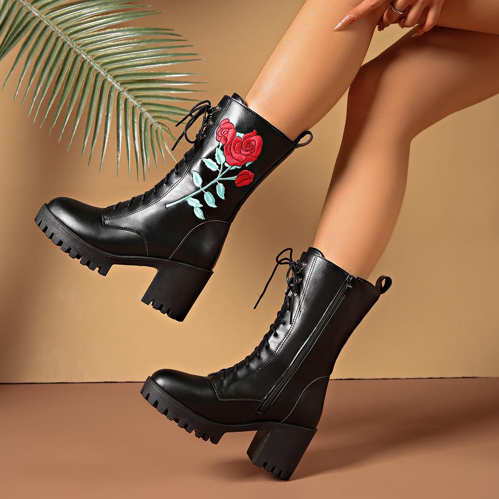 High heel thick heel embroidered medium tube Martin boots women's autumn and winter new thick-soled waterproof table spring and autumn single boots