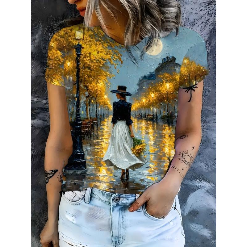 Women s round neck short sleeved T-shirt, fashionable women s portrait print, 3D printing technology S