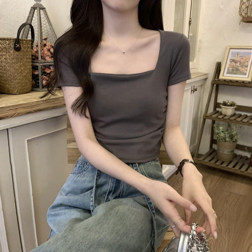 Korean Temperament Square Collar Pleated Design Short-sleeved T-shirt Women's Summer New Slim-fit Niche Short Top