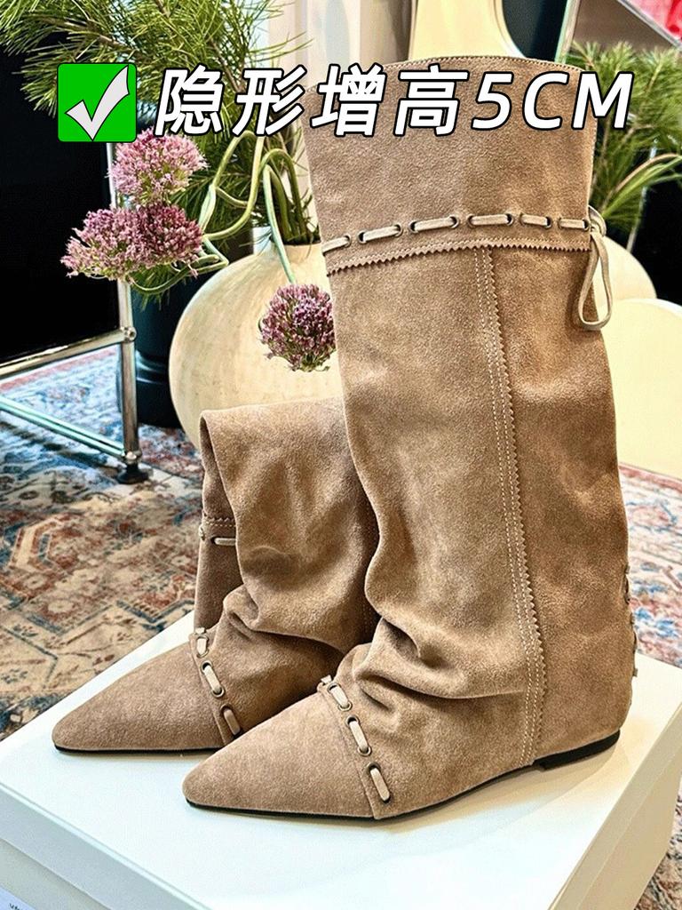 Punkt zweites Haar! Innere Erhöhung Retro plissierte Mode Stiefel faltbar zwei Tragemöglichkeiten spitze Stiefel vielseitige Stapelstiefel Damen