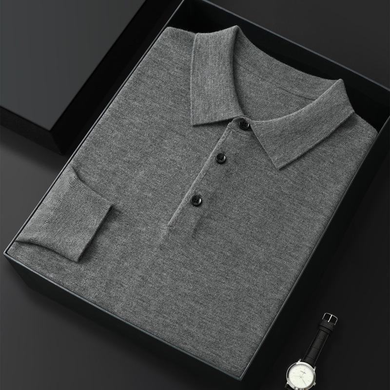 Men's Solid Color Casual Polo Collar Long Sleeve Knitwear Pullover
