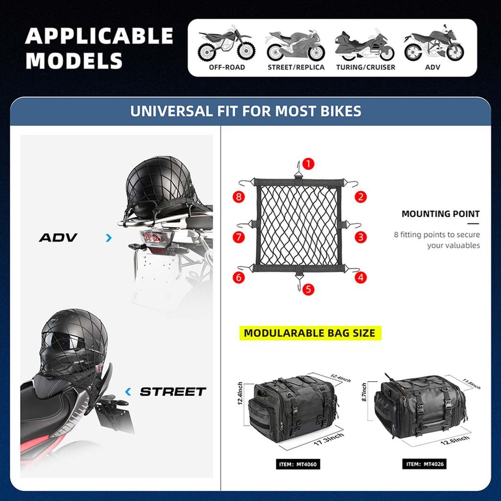 Motorcycle Helmets Elastic Net Bag Luggage Mesh Net Bag with 8 Hooks Universal Helmets Hold Storage Mesh Bag Motor