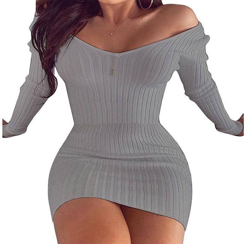 Autumn and Winter Women's V Neck Long Sleeves Slim Thin Hip Dress Warm Sweater