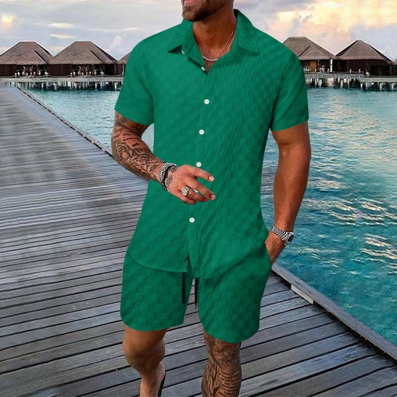 Mens Casual Checkered Short Sleeve Shirt And Shorts Two Piece Set