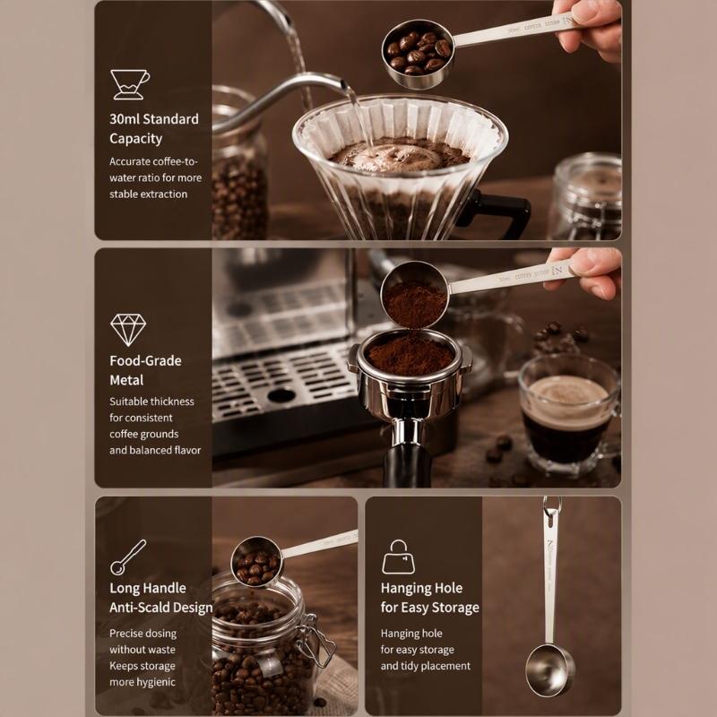 Long Handle Measuring Spoons, 4 Piece 304 Steel Set with 5Ml 10Ml 15Ml 30Ml Labeled Scoops for Deep Ingredient Container