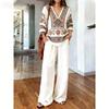 1116 Bohemian Print Cotton and Linen Shirt Wide-leg Pants Two-piece Set, Vacation Casual Suit Women Y1