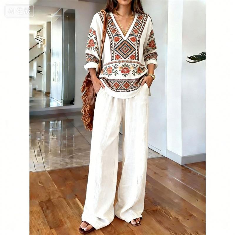 1116 Bohemian Print Cotton and Linen Shirt Wide-leg Pants Two-piece Set, Vacation Casual Suit Women Y1
