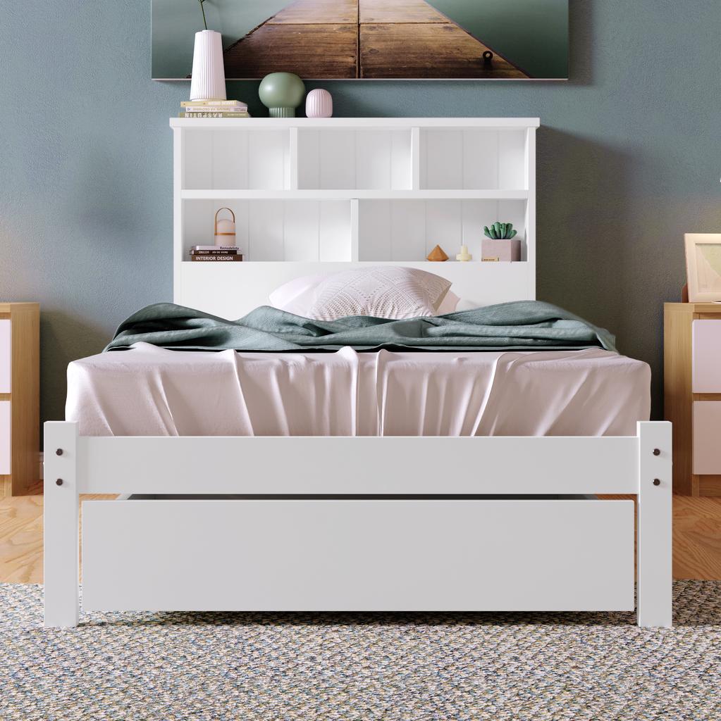 Solid Wood Single Bed with Drawers and Slatted Base, Bookshelf Teenagers and Adults Children's Bed, 90x200cm White
