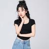 2024 American Classic Curved Waist Short Sleeve T-shirt for Spicy Women, Splicing and Pressing Seam Slim Fit Top