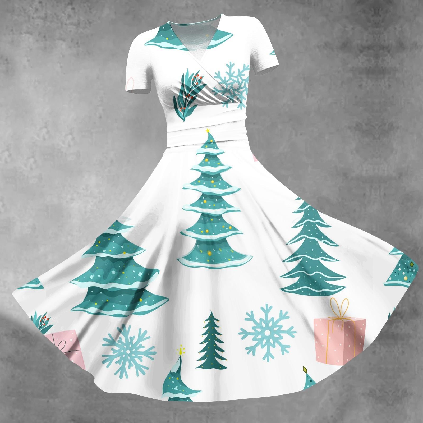 

Женское платье принцессы, сексуальное свободное платье с v-образным вырезом и рождественским принтом, с короткими рукавами L белый