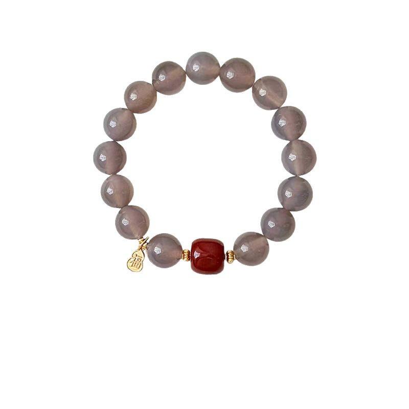 New Chinese Style Natural Ash Red Agate Beaded Bracelet - Cool National Cultural Round Beads