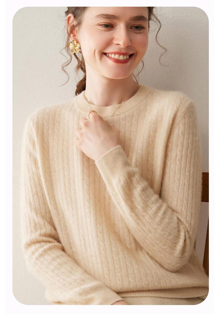 Women's Cashmere Round Neck Cable Knit Sweater - Soft, Comfortable, and Versatile for Autumn and Winter