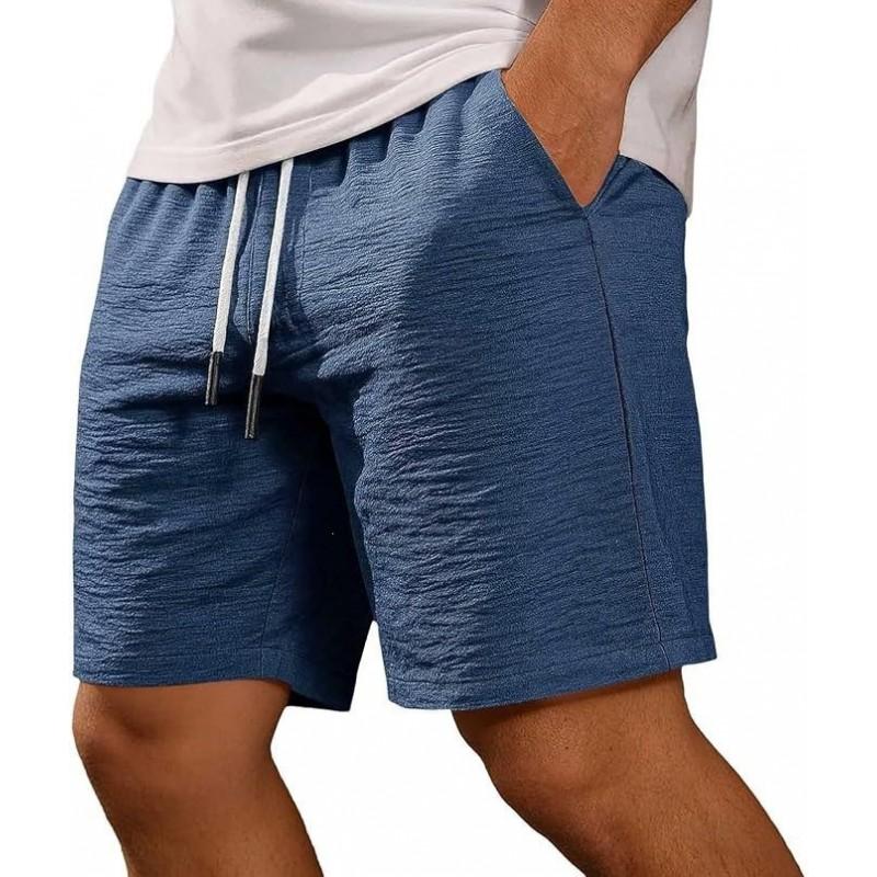 Mens Lightweight Cotton Linen Shorts Loose Fit Elastic Waist Drawstring Casual Sport Beach Walk Short Pants