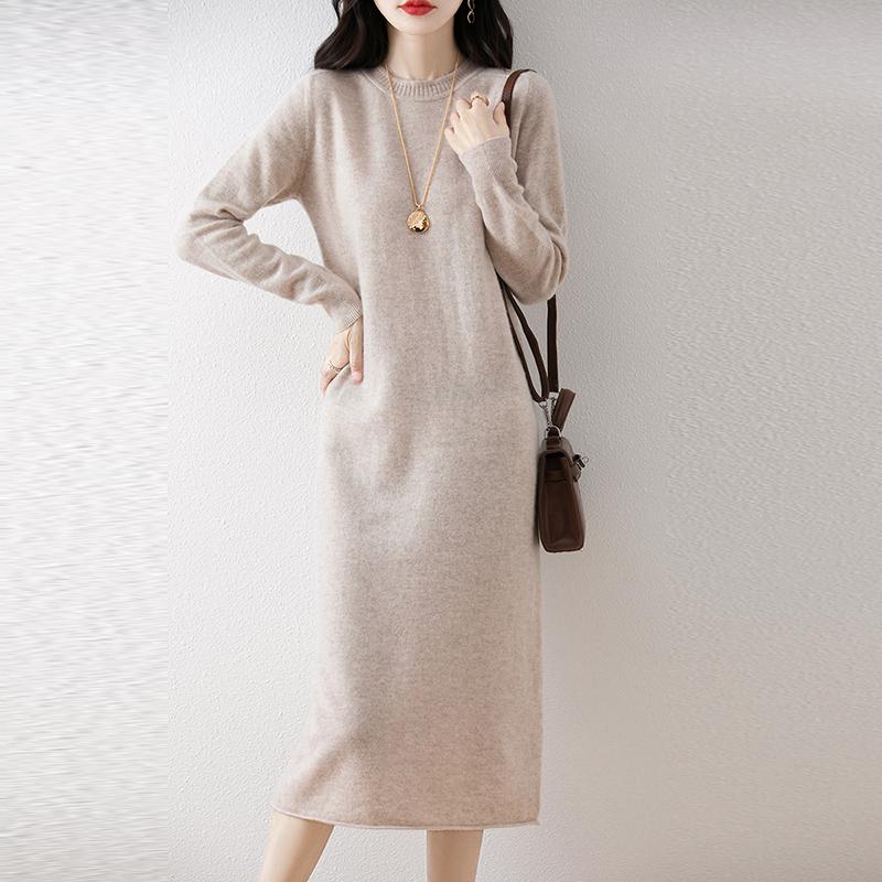 Damen Pulloverkleid 100% Wolle MODERN NEW SAGA O-Ausschnitt Strick Langer Pullover Winterpullover Wolle Langes Kleid Weiblich
