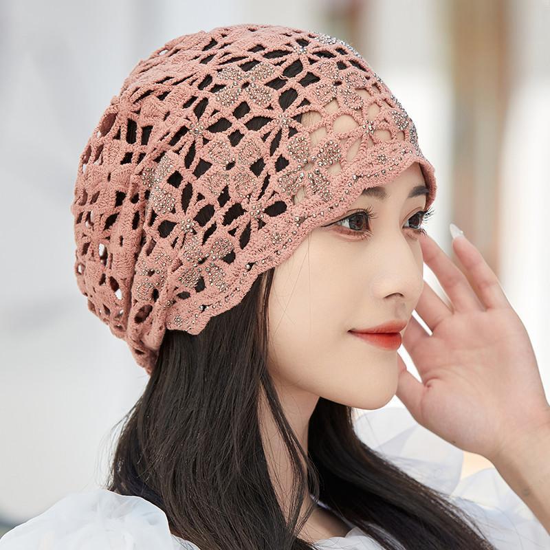 Women's Spring Summer Single Layer Thin Hollow Flower Rhinestone Headscarf Hat Breathable Lace Crochet Cap for Covering White Hair Slouchy Hat