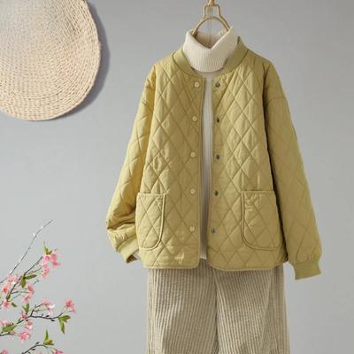 Women's Quilted Diamond Pattern Winter Short Jacket Loose Fashion Solid Color Lightweight Cotton Padded Coat