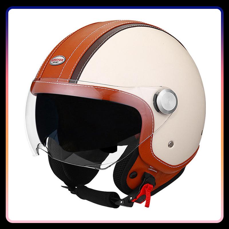Jet Helmets Leather Retro 3/4 Open Face Motorcycle Helmets Double Visor DOT Vintage Street Bike Open Half Helm with Inner Lens