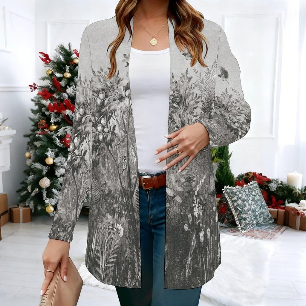 Women's Misty Woodland Pattern 3D Print Long Sleeve Open Front Cardigan, Casual Loose Fit Lightweight Street Style Outerwear