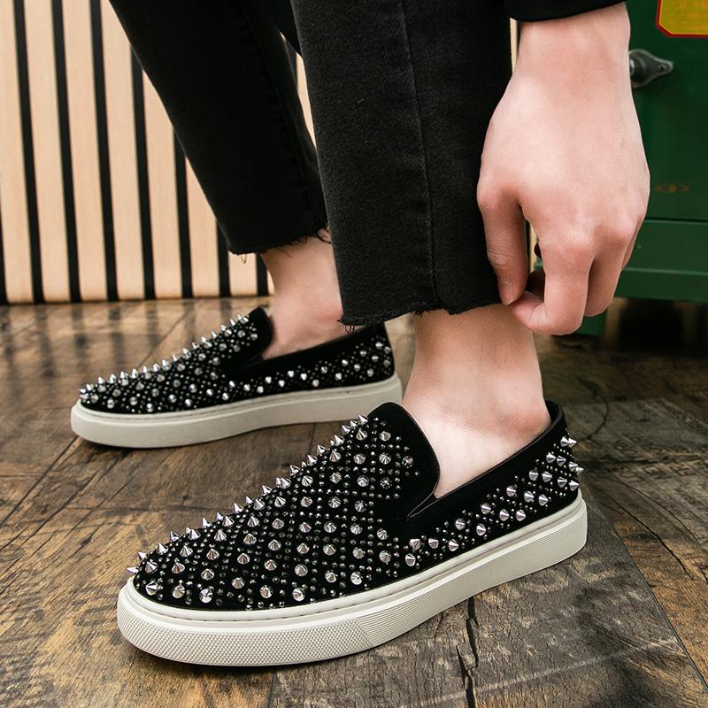 Luxury Designer Low Top Silver Rivet Rhinestone Casual Shoes Black Sneakers For Men Outdoor Walking Shoes