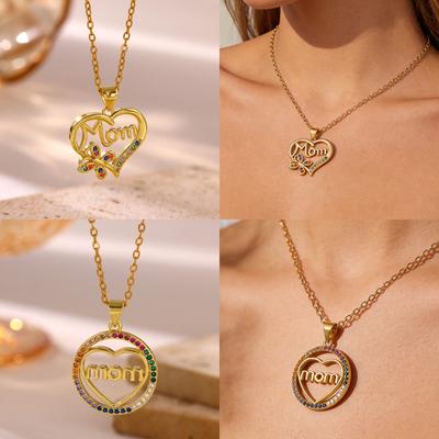 Fashion Hollow Heart Mom Pendant Necklace With Colorful Cubic Zirconia 2026 New Gold Color Chain Jewelry Gift For Mom Grandma