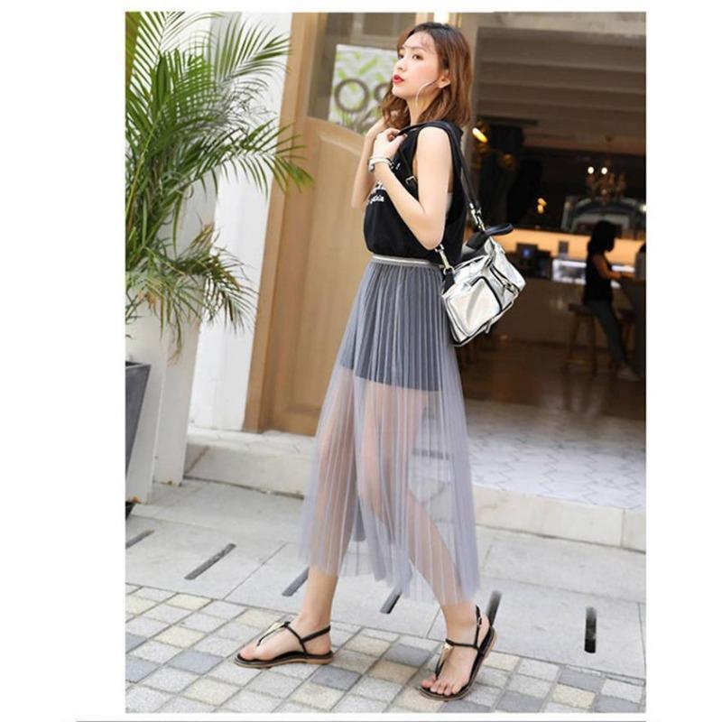 Women Sexy Mesh Lace Transparent Long Tulle Skirt Fashion Summer Ladies Elastic High Waist Black White Beach Midi Skirt