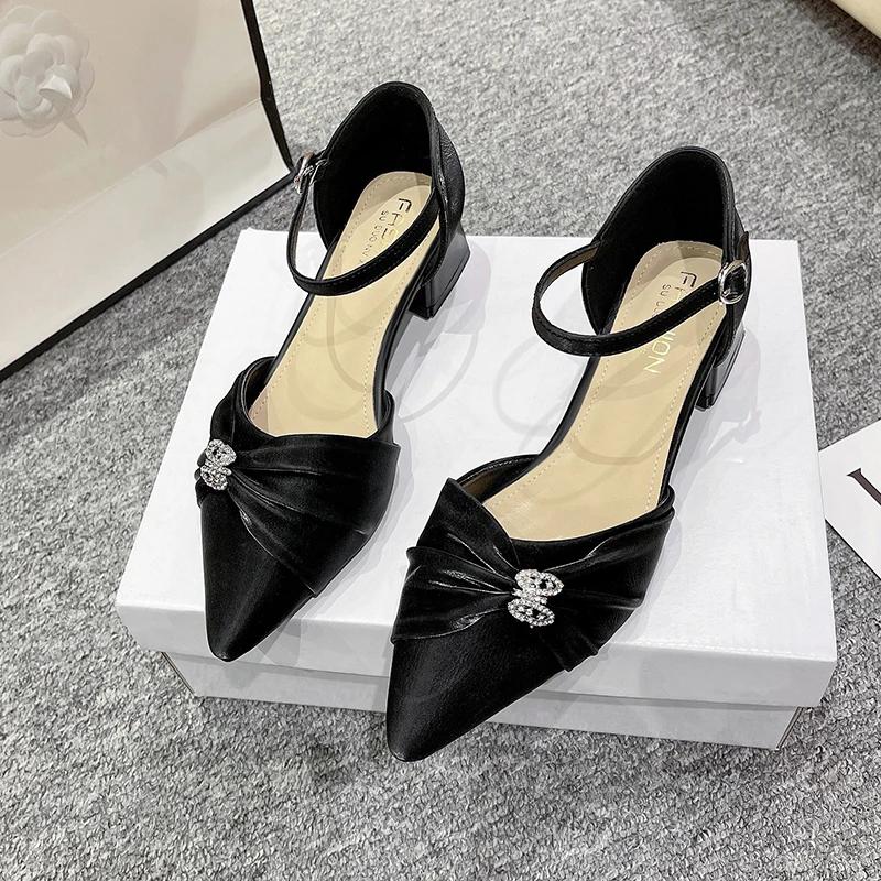 Baotou Thick Heel Sandals Spring New Pointed Head Shallow Mouth Crystal Buckle Butterfly Knot Line with Low Heel Shoes