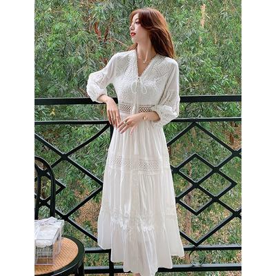 Moda Tatil Maksi Elbise Zarif Klasikler Çok Yönlülük Kadın İlkbahar Yaz Günlük Uzun Elbise Çiçekli Dantel V Yaka Uzun Kollu Elbise