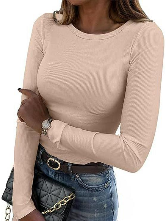 2024 Women's Long-Sleeve Ribbed Crew Neck Slim-Fit T-Shirt
