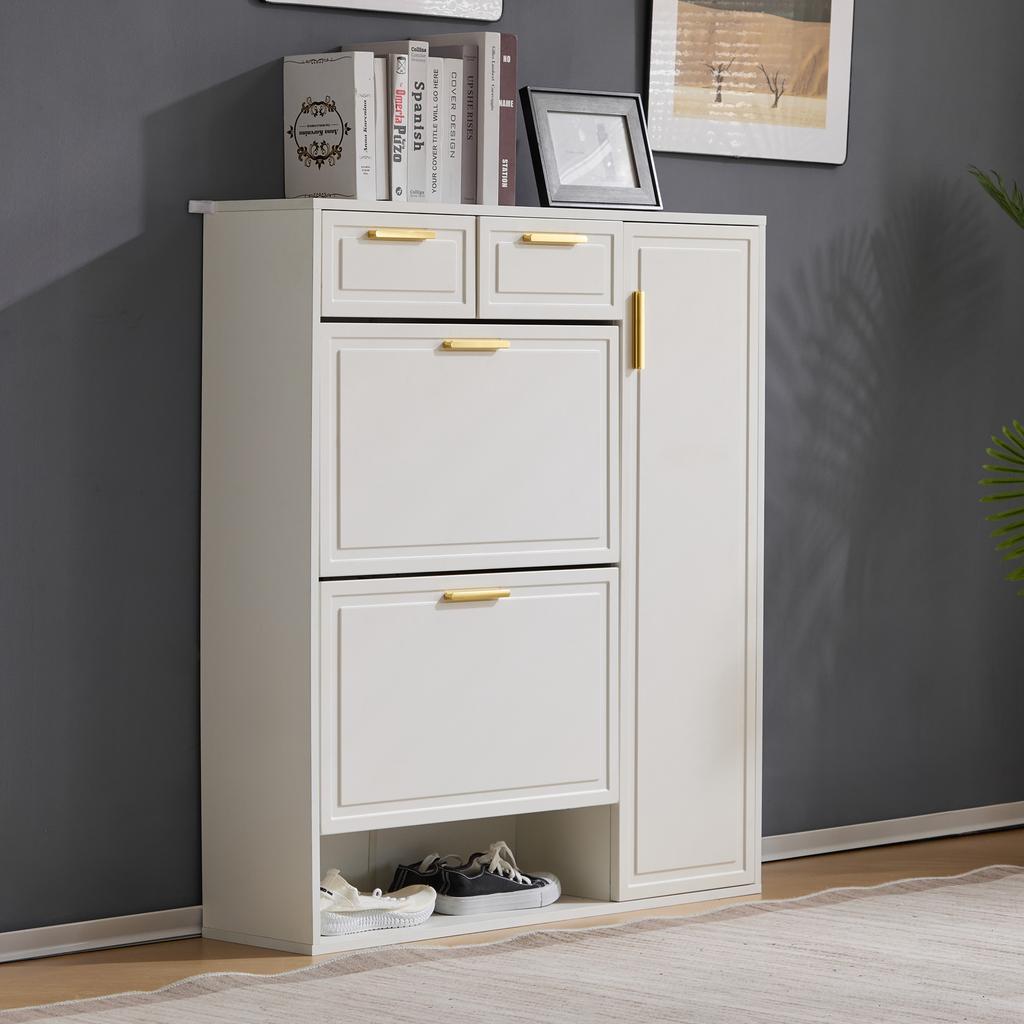 Modern Shoe Cabinet, with Adjustable Shelves, Gold Handles, Drawers, Flip-Down Shoe Cabinet and Doors, White, W95/D24/H107.5