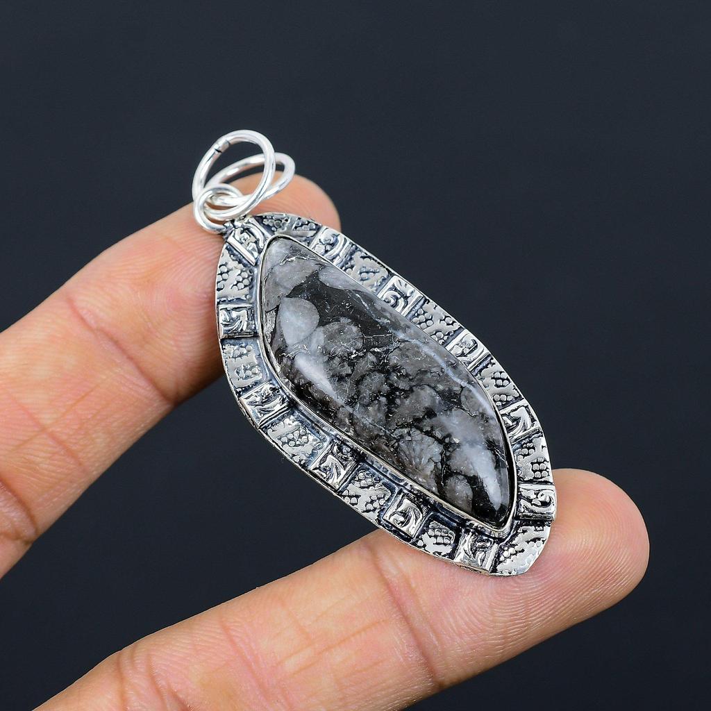925 Sterling Silver Marquise Black Fossil Coral Stone Bezel New Pendant Jewelry