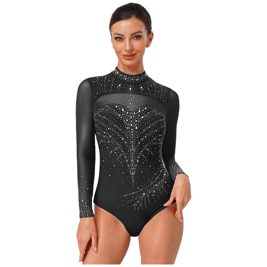 Women Mock Turtleneck Long Sleeve See-through Sparkly Rhinestone Leotards Gymnastics Performance Outfits