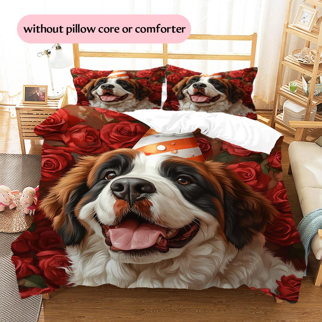 Rose Dog with Birthday Hat Pattern Bedding Quilt Set Home Decoration Gift (1 * duvet cover + 2 * pillowcase without core)