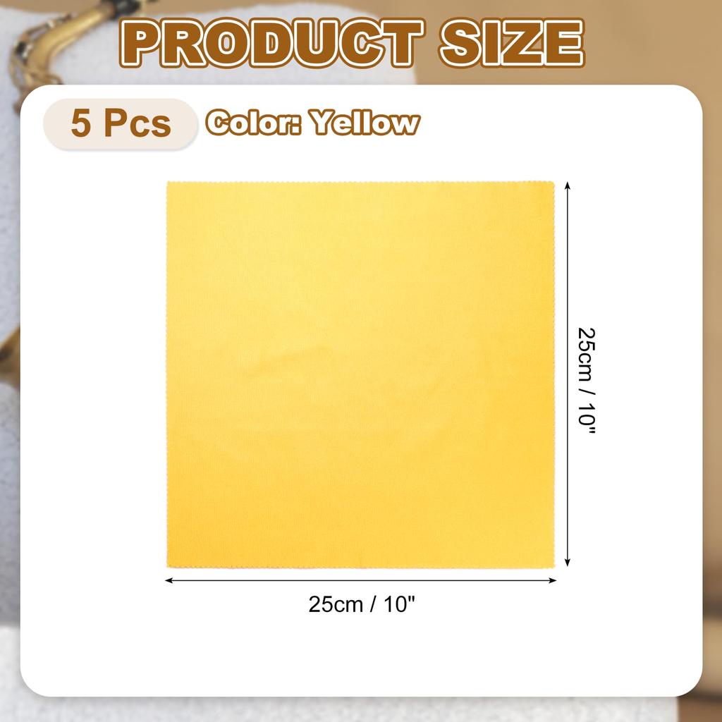 uxcell 25x25cm Large Microfiber Guitar Polish Cleaning Soft and Thick Cymbal for and Other Musical Instruments 5-Pack Cloths, Cleaner, Yellow, Violin,