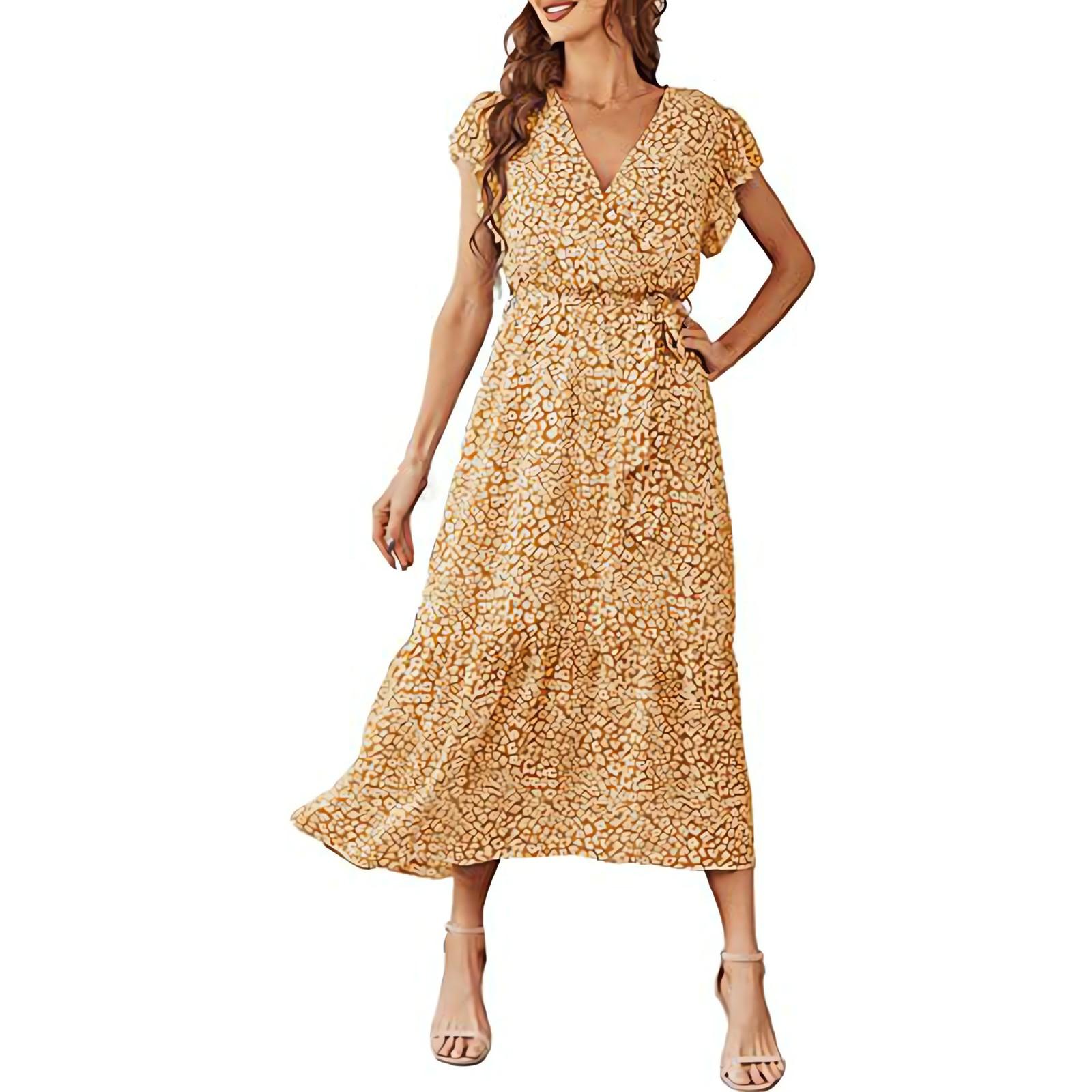 

Женское платье А-силуэта с V-образным вырезом, коротким рукавом, поясом, плиссированным подолом и цветочной длинной юбкой L жёлтый