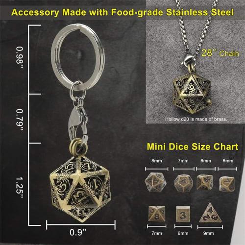 Sada mnohostěnných kostek, Kovová sada kostek D&D, Bronzová dutá sada kostek D20 s pouzdrem na kostky-náhrdelníkem, Starožitná drobná kovová sada kostek pro D&D, Přenosné hraní rolí