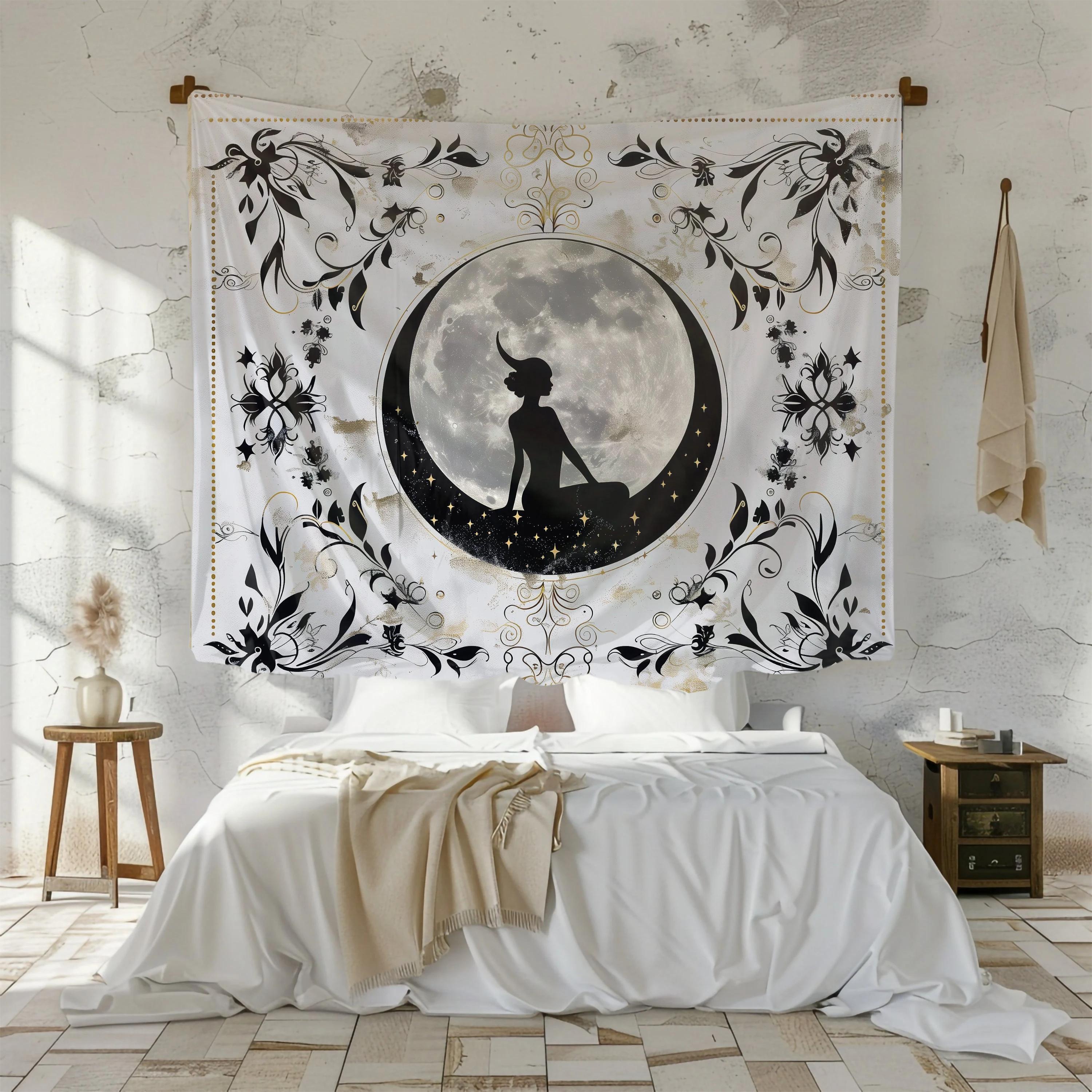 Bohemian Moon God Tapestry Moon Flower Background Cloth Meditation Room Ins Style Art Decoration Room Decoration 100X70CM