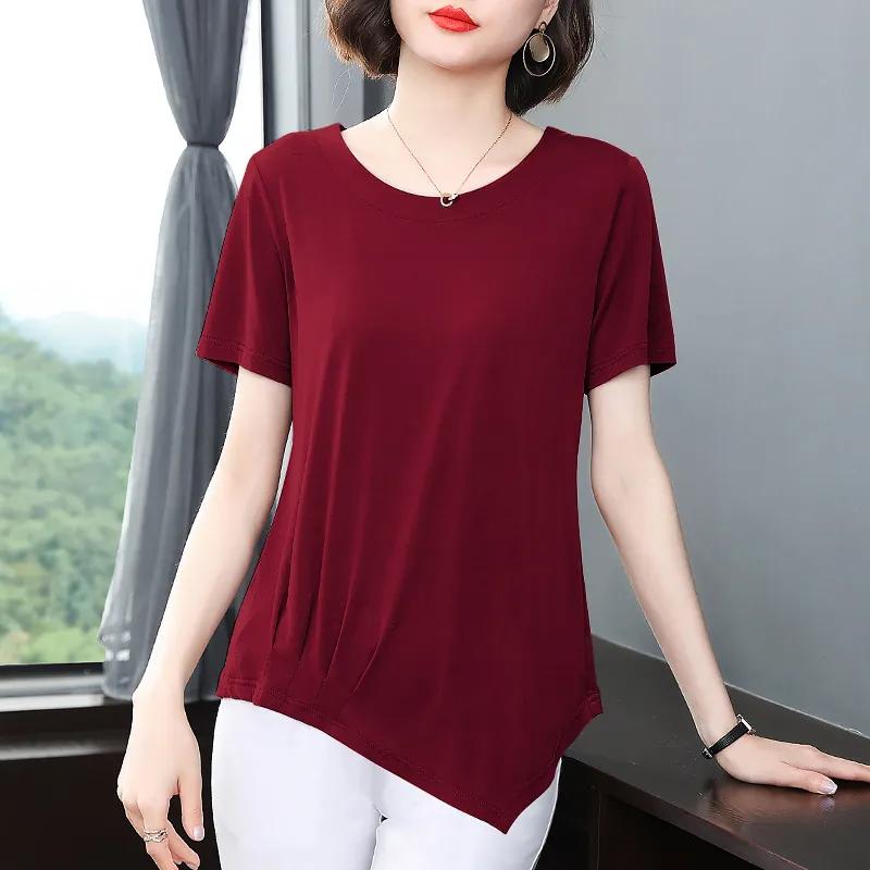 Summer Women's Cotton T Shirt Short Sleeve Asymmetrical Hem Casual Top