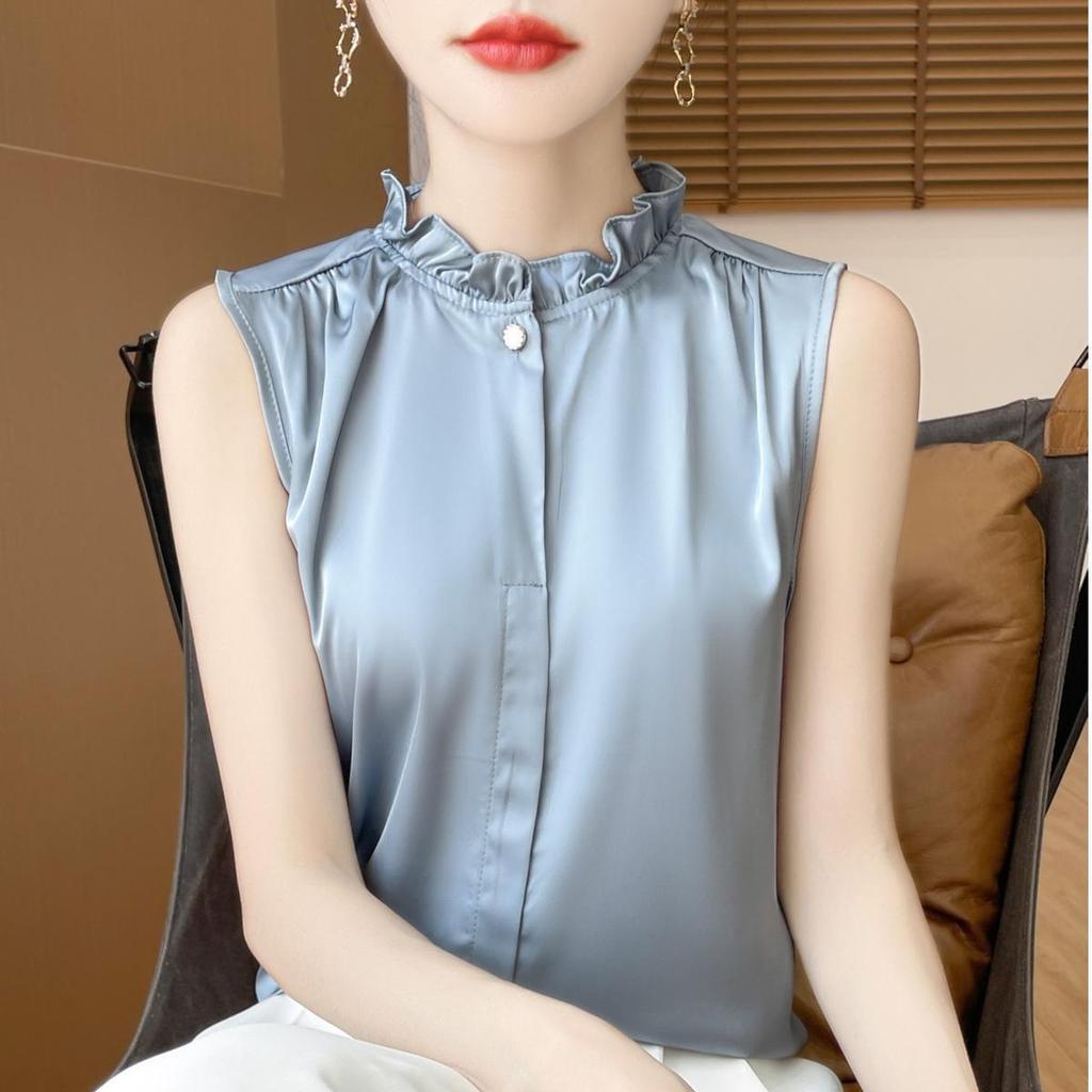 Silky Lotus Leaf Lace Collar Sleeveless Top for Women - Spring/Summer Fashion Layering Essential