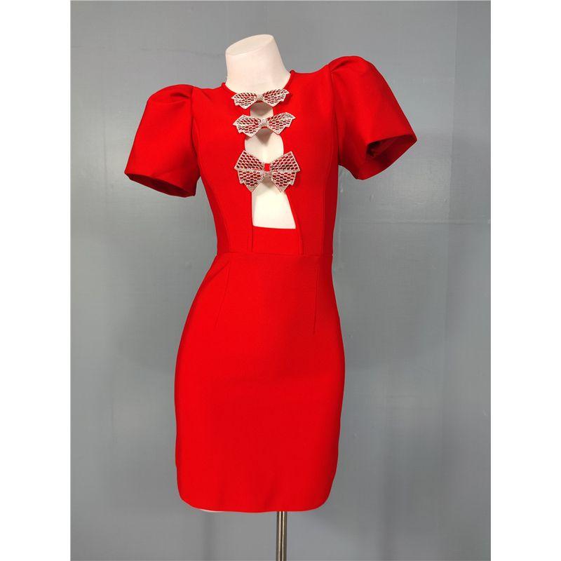 French Atmosphere Classy Design Annual Meeting Birthday Party Accessible Luxury Bows Diamond Decorations Heavy Industry Hip Bag Bandage Dress