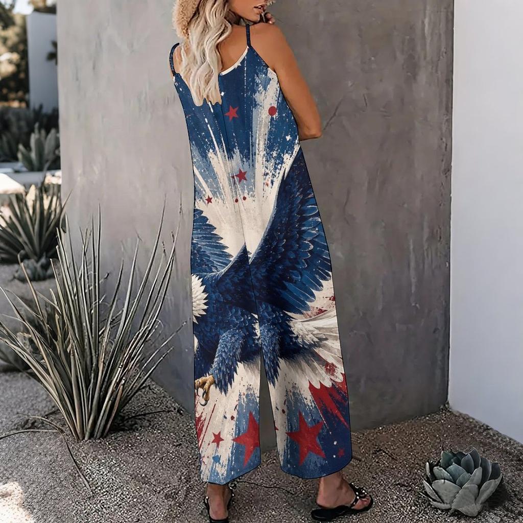 Women Spaghetti Strap Jumpsuit Rainbow Heart Star Print Wide Leg Pants With Pockets