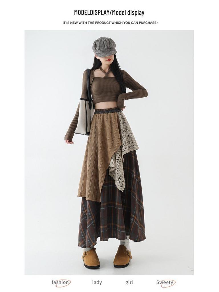 Women's High-Waisted Retro Plaid Lace Patchwork A-Line Skirt with Irregular Hem