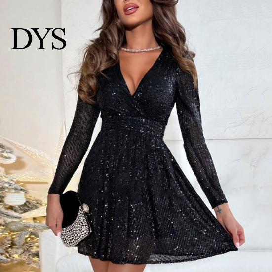 Elegant Evening Dress Women's Sparkling Sequin Mini Long Sleeve V-Neck Party Women Short Slim Fit Lady Cocktail for Parties Weddings Clubs Proms Sexy