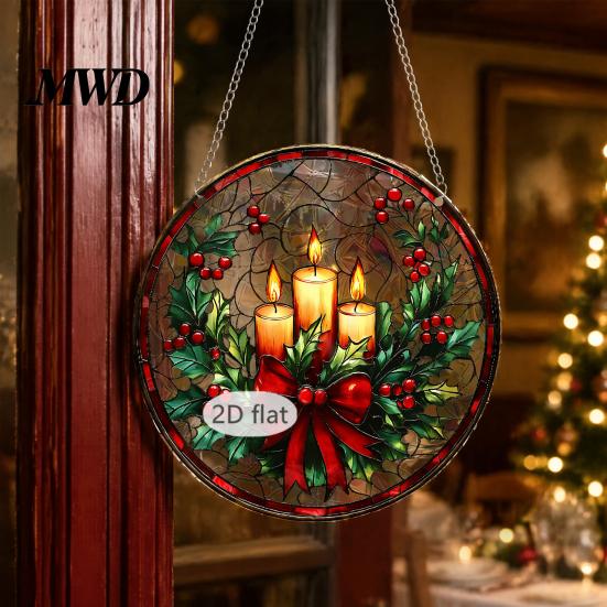 Decorative Chains for Hanging Ornaments Christmas Acrylic Window Decor, 2D Holographic Stained Glass Art Ornament with Metal Chain, Double-sided